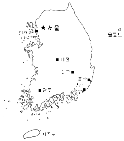 韓国語表記の都市名入り韓国白地図